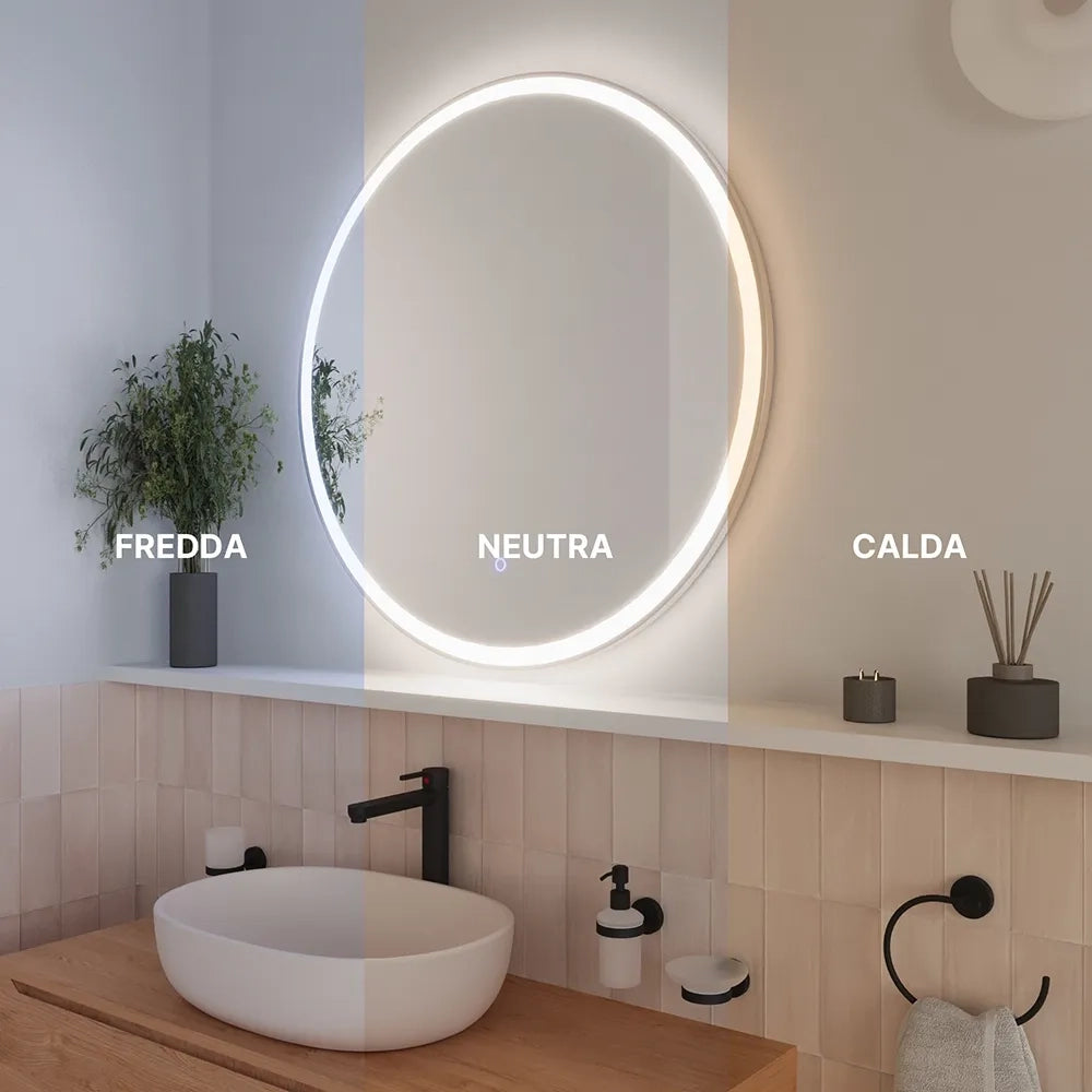 Specchio led tondo Ø 80 cm cornice bianco opaco touch screen luce calda/fredda