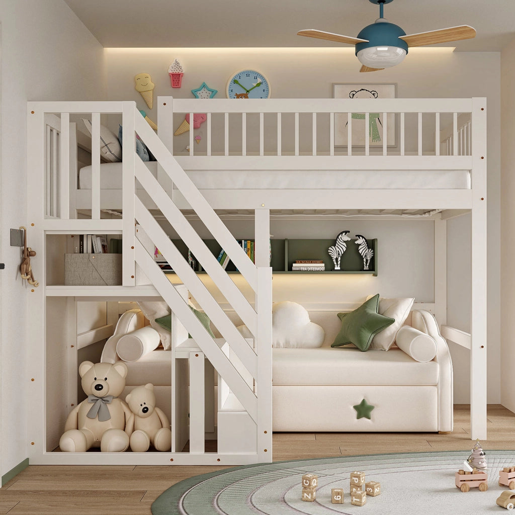 Letto a soppalco in legno massello con scala contenitore e recinzione alta; bianco; 90x200 cm; senza materasso