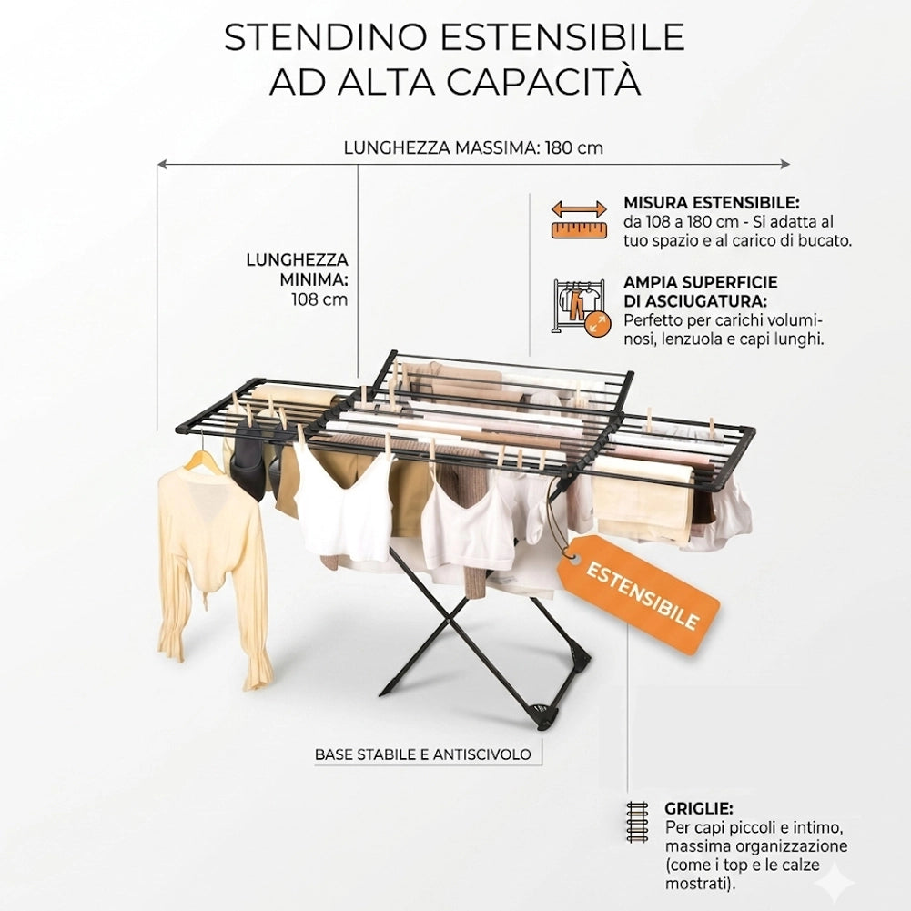 Stendibiancheria Allungabile 108-182 cm Stendino Salvaspazio Capacità 20 kg Estensibile in Ferro e PP Nero