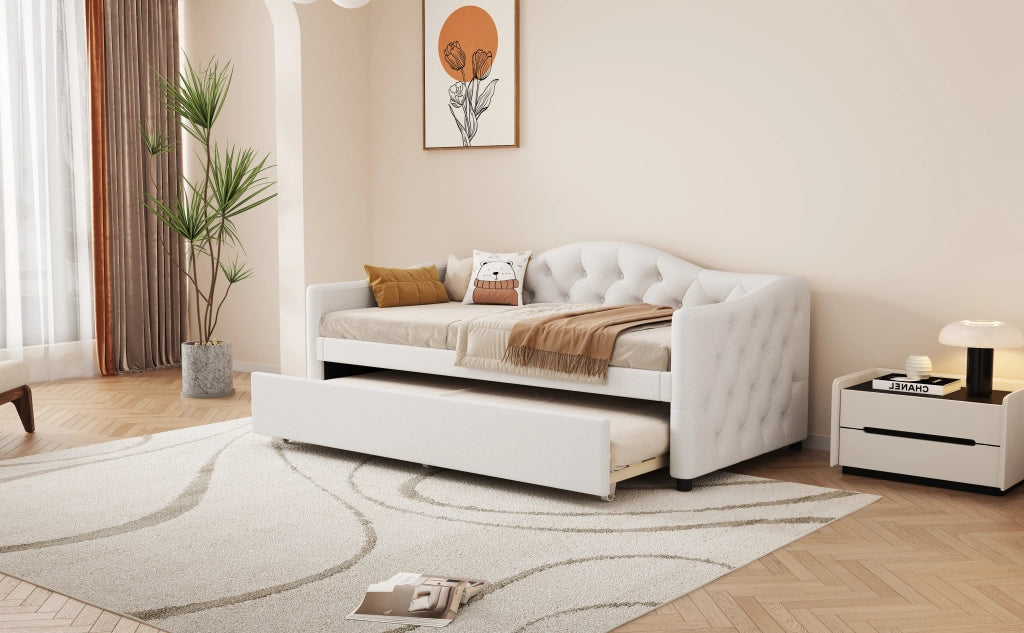DESMIU Letto singolo 90 × 200 cm 1 posto con letto estraibile, senza materasso, in lino e MDF, stile minimalista, beige