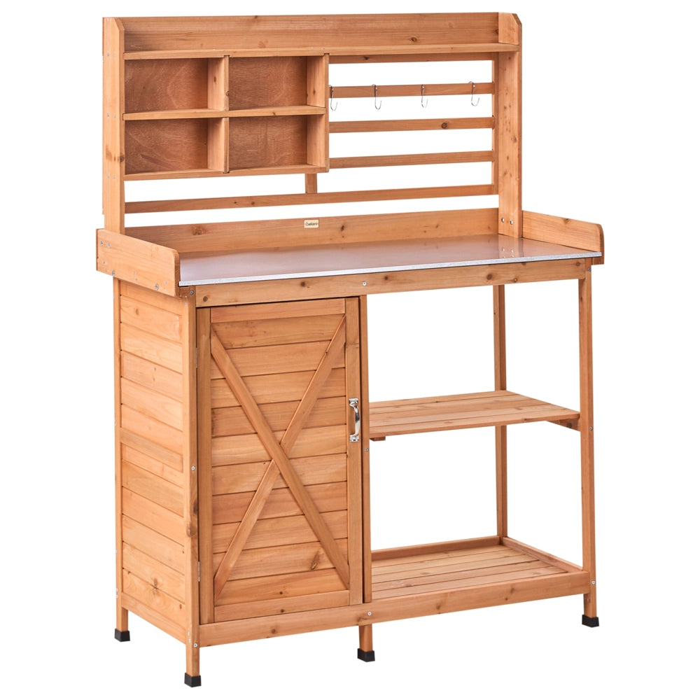 Tavolo da giardinaggio con spazio di archiviazione 113 x 46 x 148 cm Legno di abete marrone chiaro Piano di lavoro in ferro