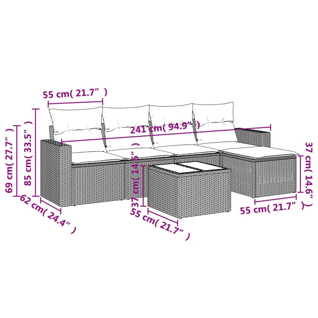 Set Divano da Giardino 6 pz con Cuscini Nero in Polyrattan 3218886