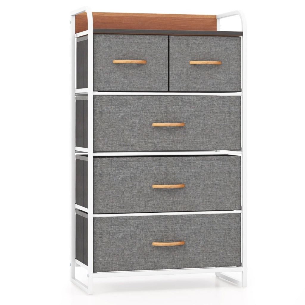 Cassettiera con 5 cassetti pieghevoli in tessuto, Organizer a 4 livelli con superficie in legno per ingresso Grigio-Cassettiere