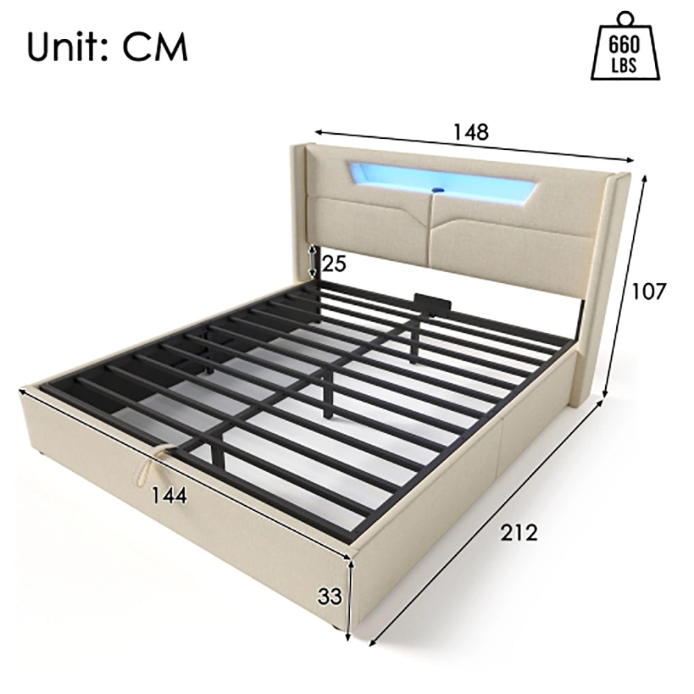 Letto matrimoniale con LED - Xylo - 140x200cm - Beige - USB e funzione cassone
