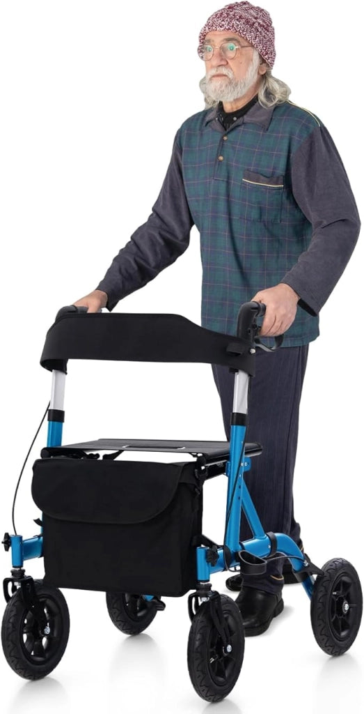 Deambulatore per Anziani Pieghevole, Deambulatore Pieghevole Regolabile in Altezza, Con 4 Ruote Gonfiabili e Borsa Portaoggetti, in Alluminio, Portata Massima di 160 kg (Blu)