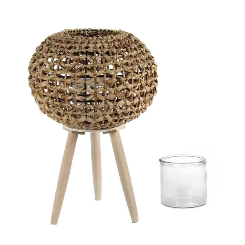 LANTERNA PORTACANDELA NATURALE TONDA STRUTTURA IN METALLO CON INTRECCIO IN BAMBÙ E BICCHIERE IN VETRO 26X34 CM
