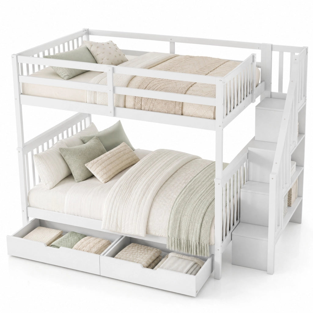 Letto a castello 140x200 cm con scala contenitore; 2 cassetti; in pino e MDF; bianco