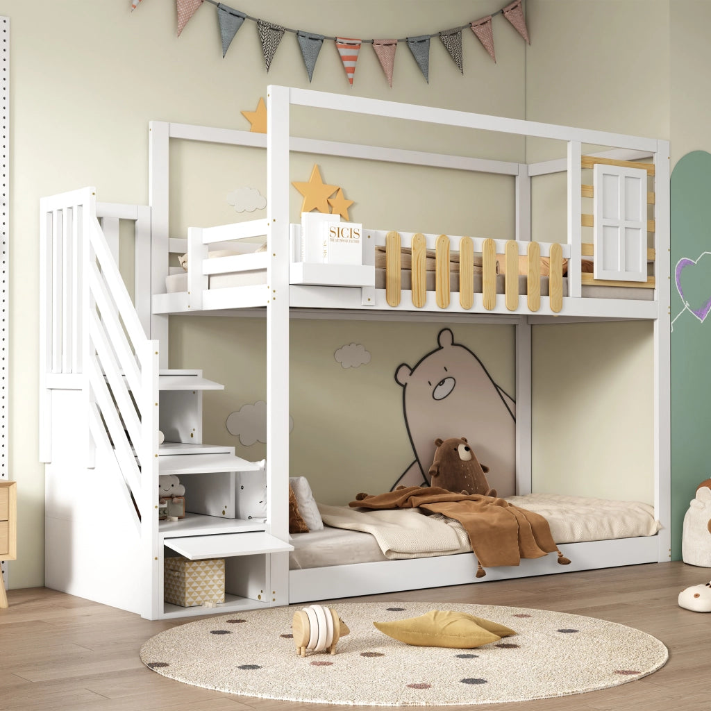 Letto a castello con scala, finestra e vani contenitore, 90x200 cm, bianco e naturale