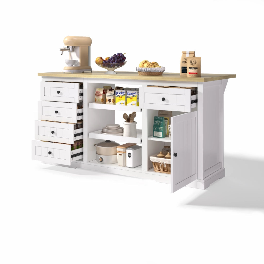 Credenza Isola Cucina 150x65x75,5 cm Bianca e Legno con 5 Cassetti, 2 Prese, 2 USB e Piano Ribaltabile