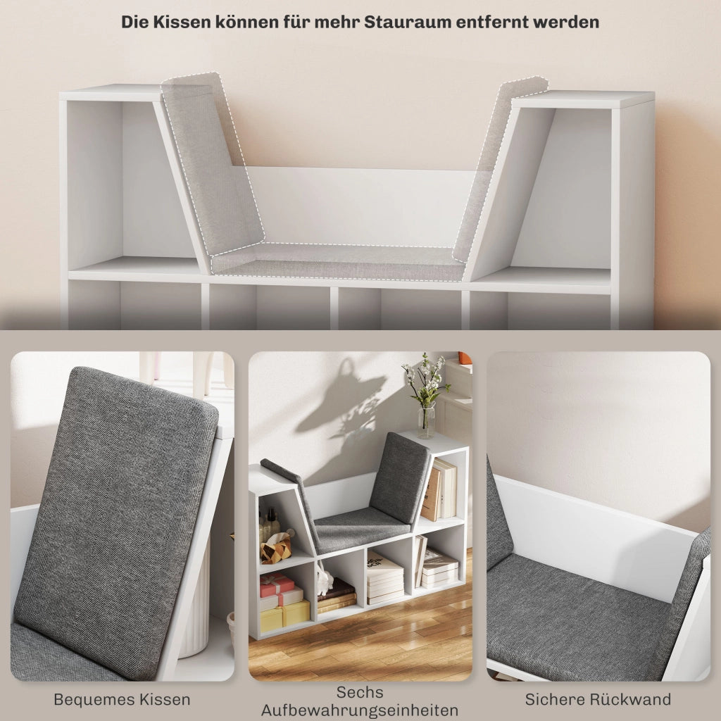 Libreria con cuscino di seduta, ripiano contenitore con 6 scomparti, effetto lino, piccola libreria per soggiorno, camera da letto, 105 x 30 x 63 cm,