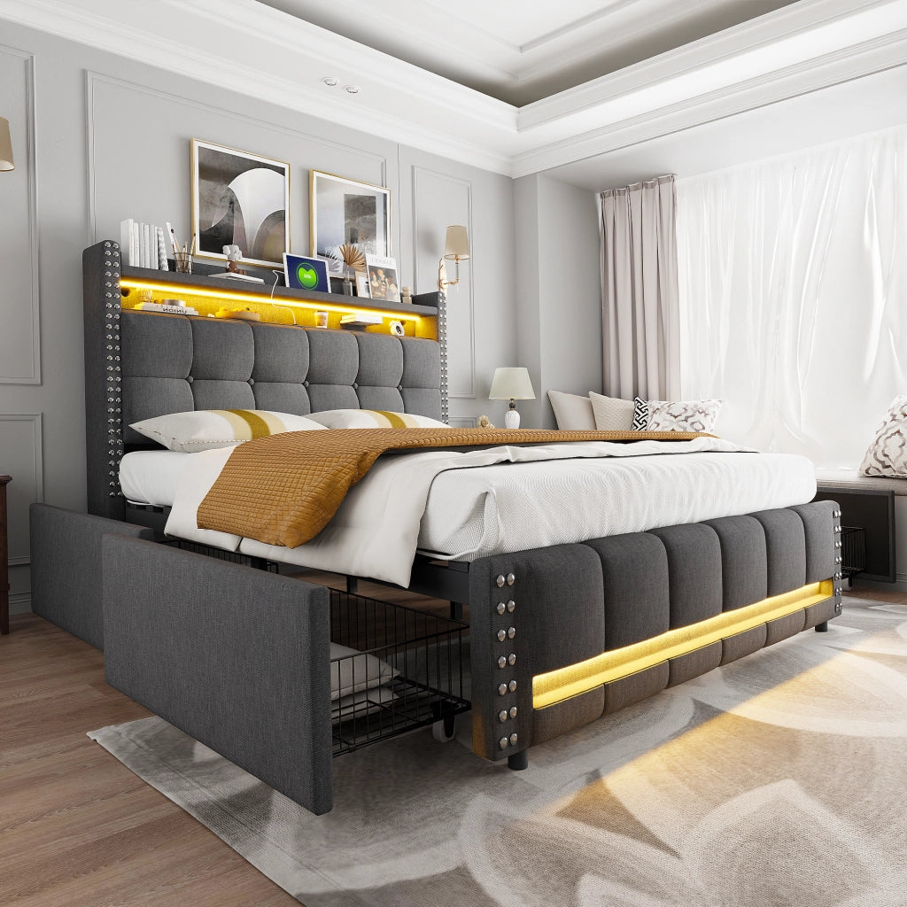 LETTO Imbottito matrimoniale 140x200 cm grigio con LED, USB e cassetti