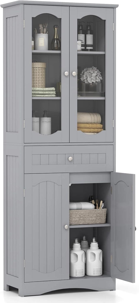 Armadietto Salvaspazio 60 x 30 x 160cm, Mobile Bagno con 2 Ripiani Regolabili, Cassetto e 2 Porte in Vetro Temprato, Armadio da Bagno per Ufficio, Soggiorno e Camera da Letto, Bianco (Grigio)