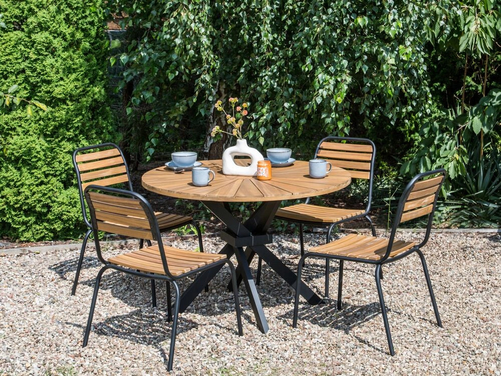 Tavolo da pranzo da giardino in legno chiaro di acacia piano rotondo 110 cm design a doghe per interni esterni