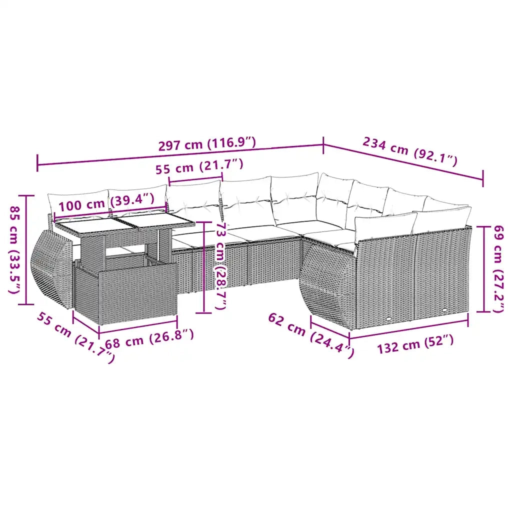 Set Divano Giardino 10 pz con Cuscini Grigio Chiaro Polyrattan 3268772