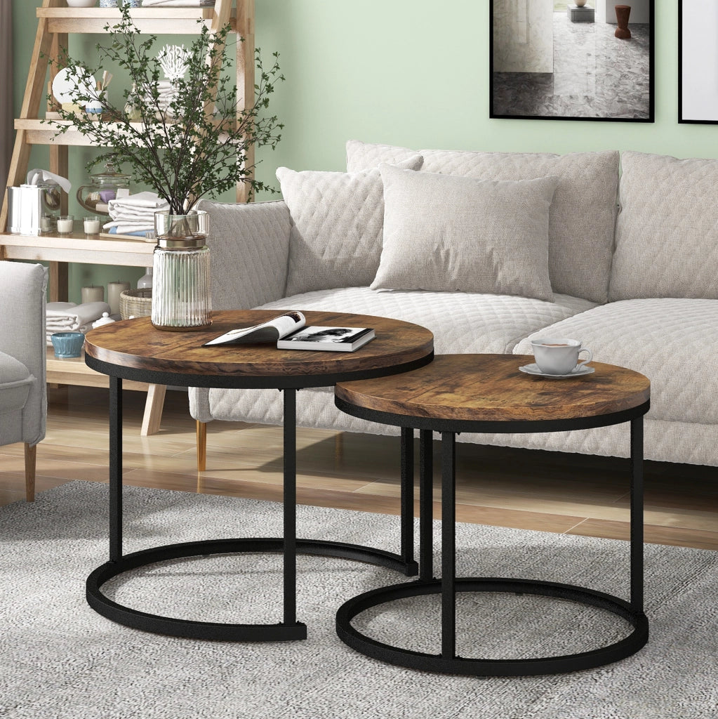 Set di 2 tavolini da caffè rotondi impilabili in MDF marrone