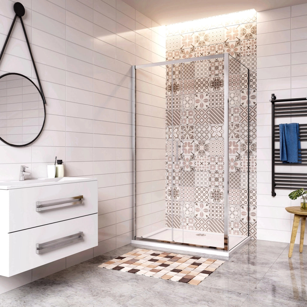 185 cm Box Doccia Angolare Porta Scorrevole con Parete Fissa Vetro Temperato 5 mm Trasparente Telaio Cromato Lucido 130x80 cm