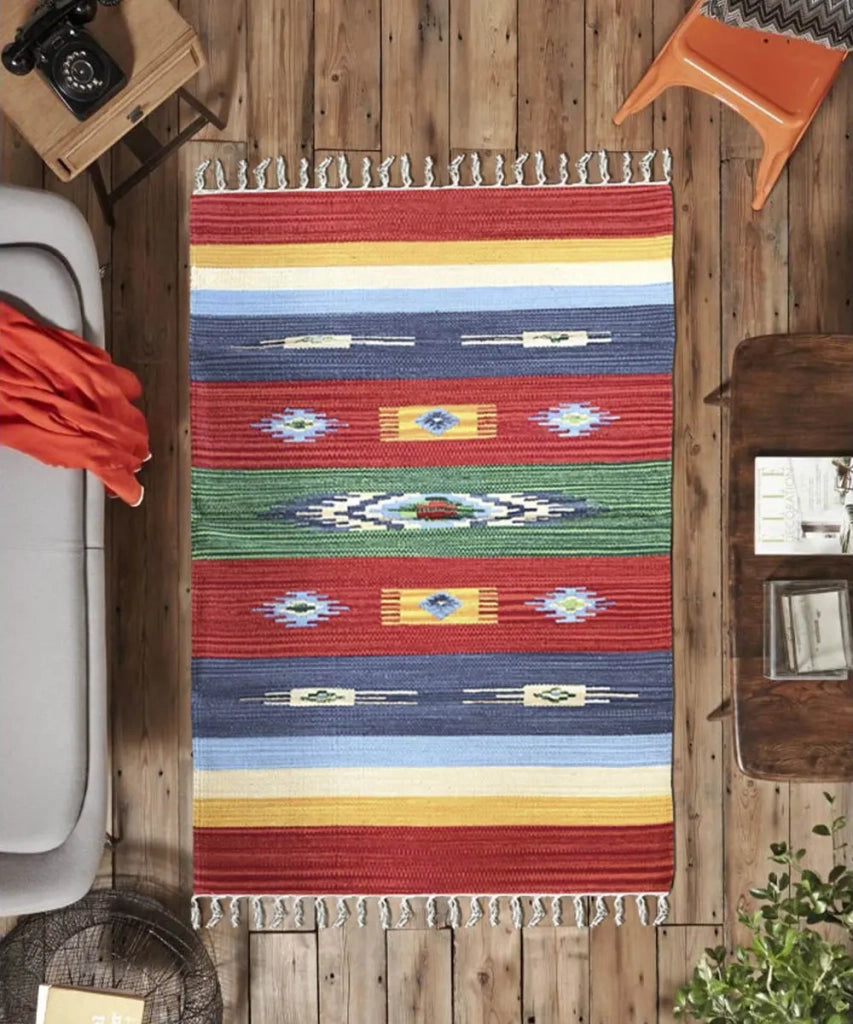 Tappeto KELIM 03 disegni etnici orientali colori vivaci cm.90x150 tessuto e frangia 100% cotone, lavabile in lavatrice