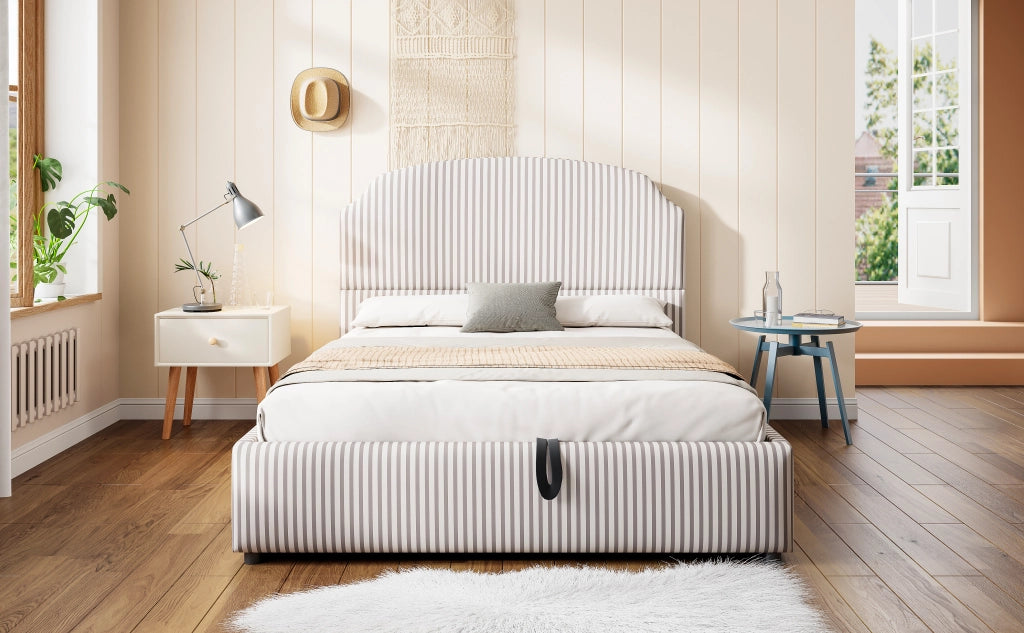 DESMIU Lit contenitore 140 × 200 cm 2 posti con vano idraulico e testiera, senza materasso, in tessuto rigato bianco e antracite