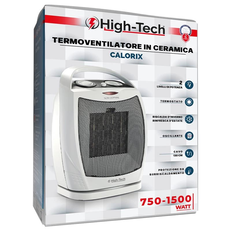 HIGH TECH TERMOVENTILATORE IN CERAMICA 2 LIVELLI DI POTENZA, TERMOSTATO, CAVO 130 CM 750-1500W