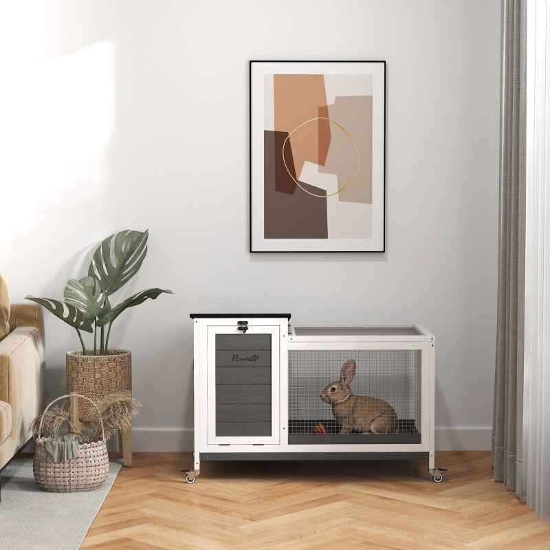 Conigliera in legno con recinto, ruote, tetto incernierato, per uso interno ed esterno, 92 x 52 x 67 cm, grigio scuro