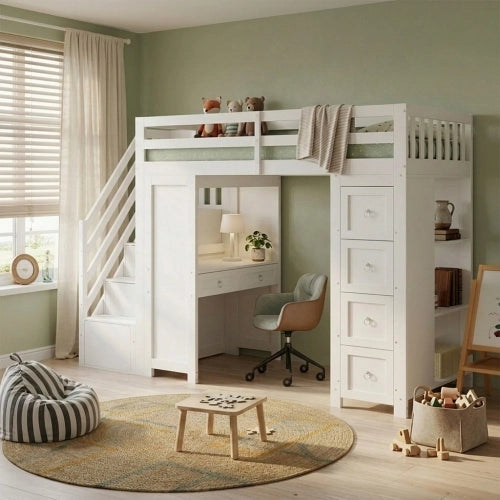 Letto a soppalco con scrivania 90x200 cm LEMONMAX per bambini, con cassetti, scaffali, scala contenitore e sponde di sicurezza, pino e MDF, bianco
