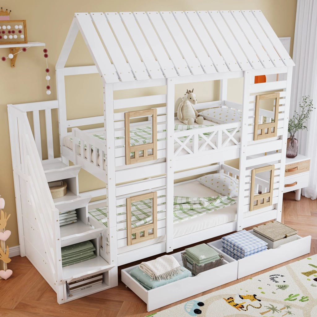 OKWISH Letto a Castello 90×200 cm, Letto Singolo con Finestre, 2 Cassetti, Scala con 4 Vani e Spondine, senza Materasso