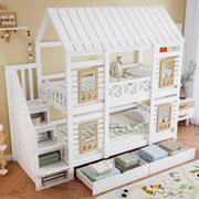 OKWISH Letto a Castello 90×200 cm, Letto Singolo con Finestre, 2 Cassetti, Scala con 4 Vani e Spondine, senza Materasso