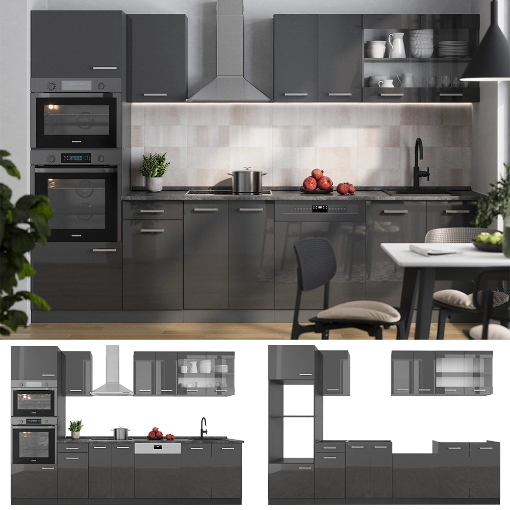 Cucina componibile R-Line Antracite lucido/Antracite 300 cm con armadio alto, PL Antracite Vicco