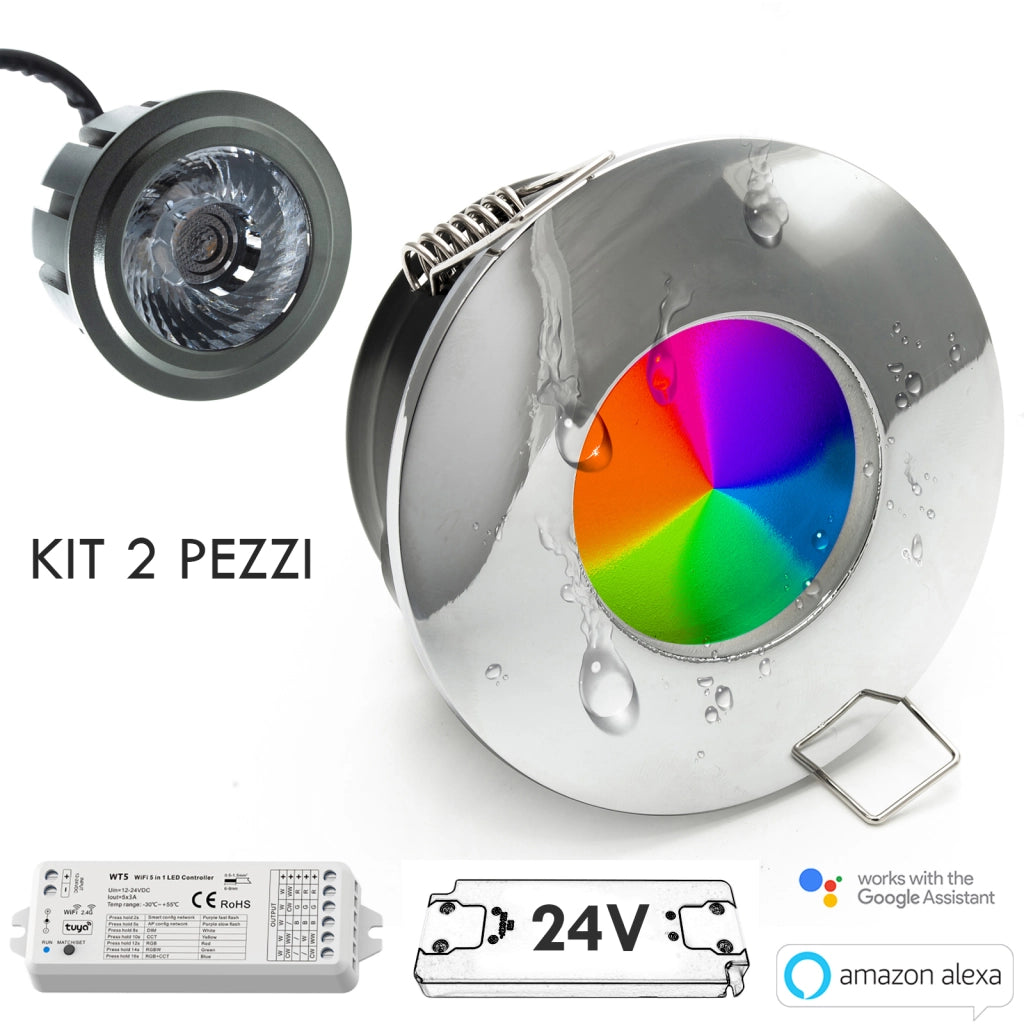 Faretto KIT SMART WiFi cromoterapia IP65 LED 6W multicolore 24V Alexa Google alimentatore RGBW 3000K CROMATO KIT 2pz