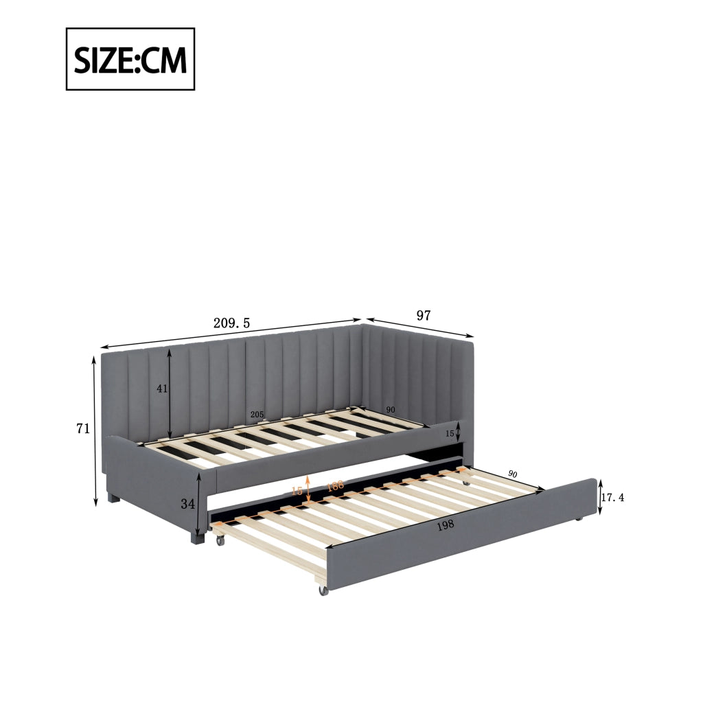 Letto estraibile singolo 90×200 cm con rete e struttura imbottita in velluto; senza materasso; grigio