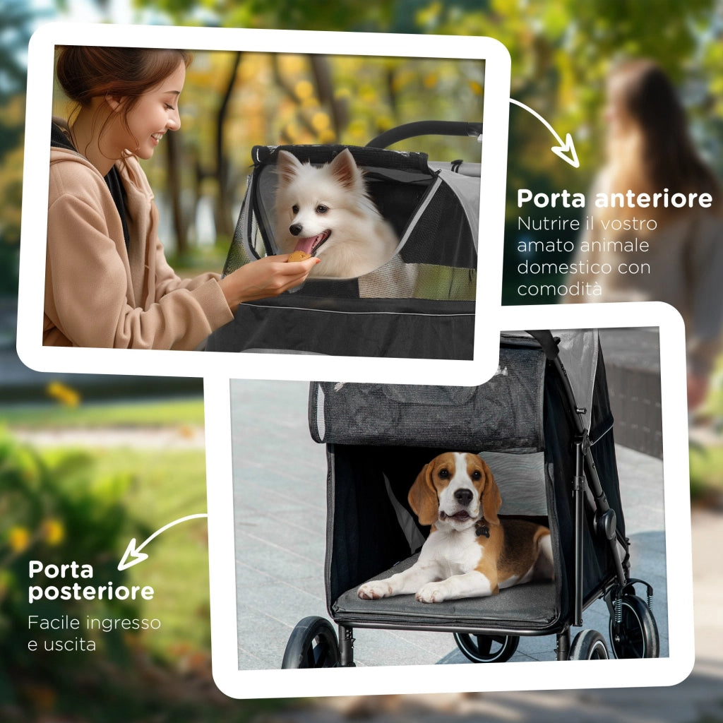 Passeggino per Cani Taglia Media e Grande 112x65x100 cm Pieghevole con Ingressi a Cerniera Grigio Scuro e Nero