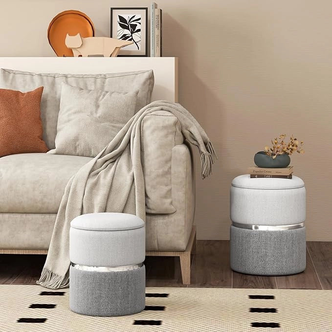 Set di 2 Pouf Contenitore in Velluto, Pouf Rotondi Imbottiti da 32L +21L, Sgabelli con Contenitore per Soggiorno, Camera da Letto, Portata 150 kg (Grigio)