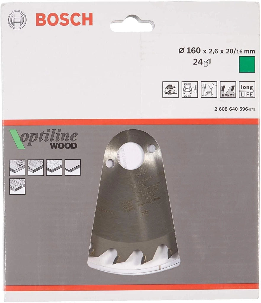 Bosch 2608640596 Optiline Wood Lama per Sega Circolare 160 mm 24 Denti Acciaio Temprato con Denti in Metallo Duro colore Nero