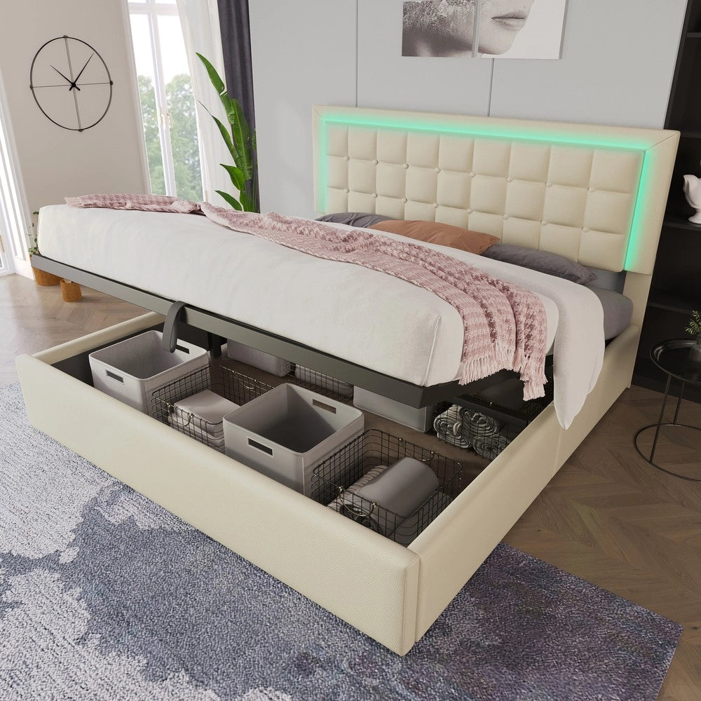 Letto Contenitore Imbottito con LED ¨C Xylo ¨C Similpelle Bianco, 160x200, con Materasso