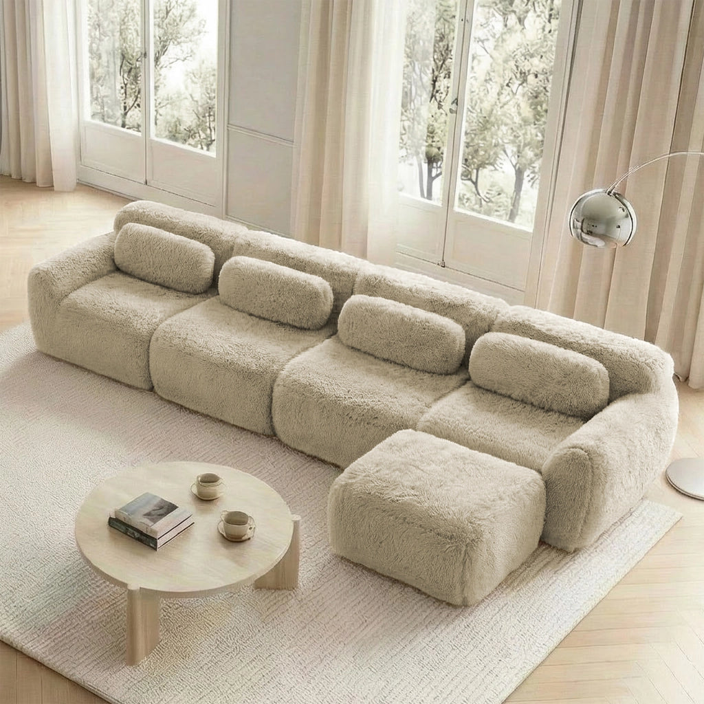 Divano angolare modulare 4 Posti con chaise longue, senza montaggio, seduta ampia, in Peluche, Cachi Chiaro