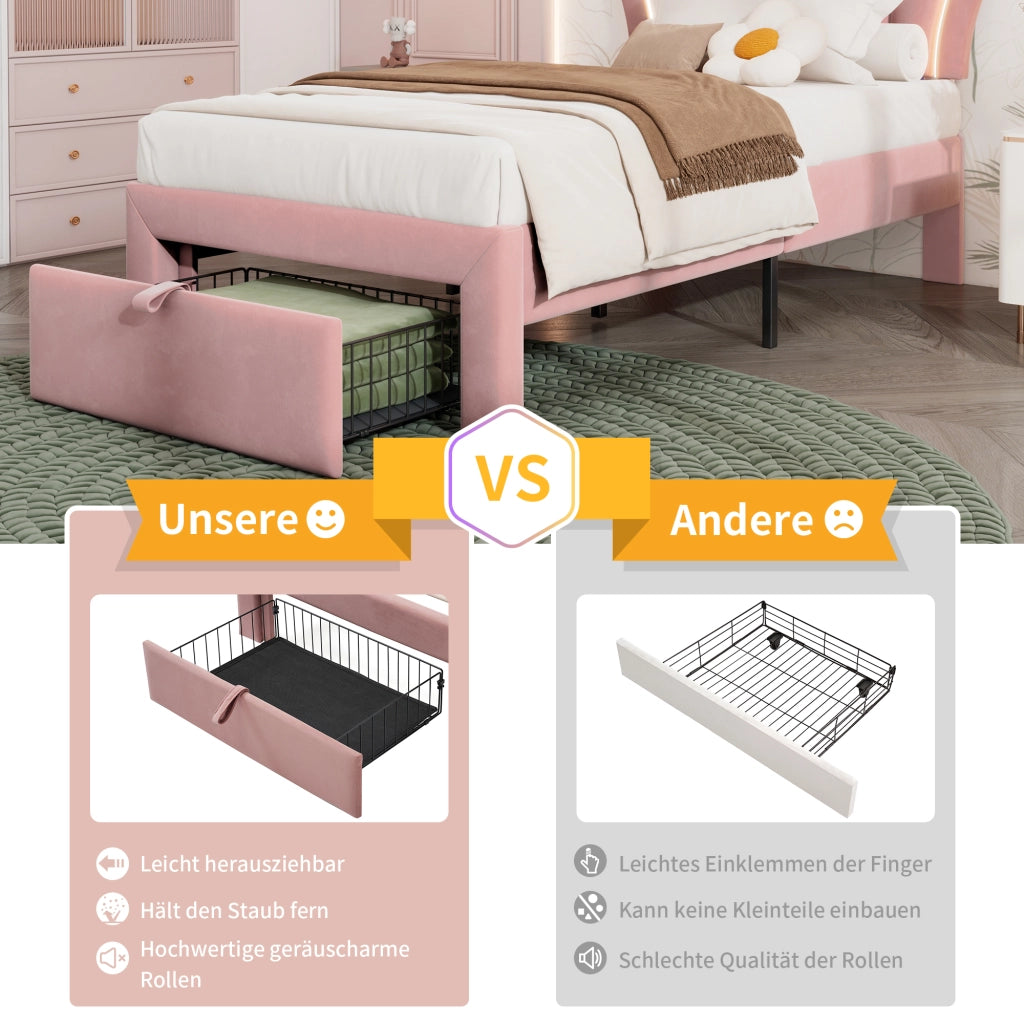 letto singolo velluto rosa 90 x 190 cm