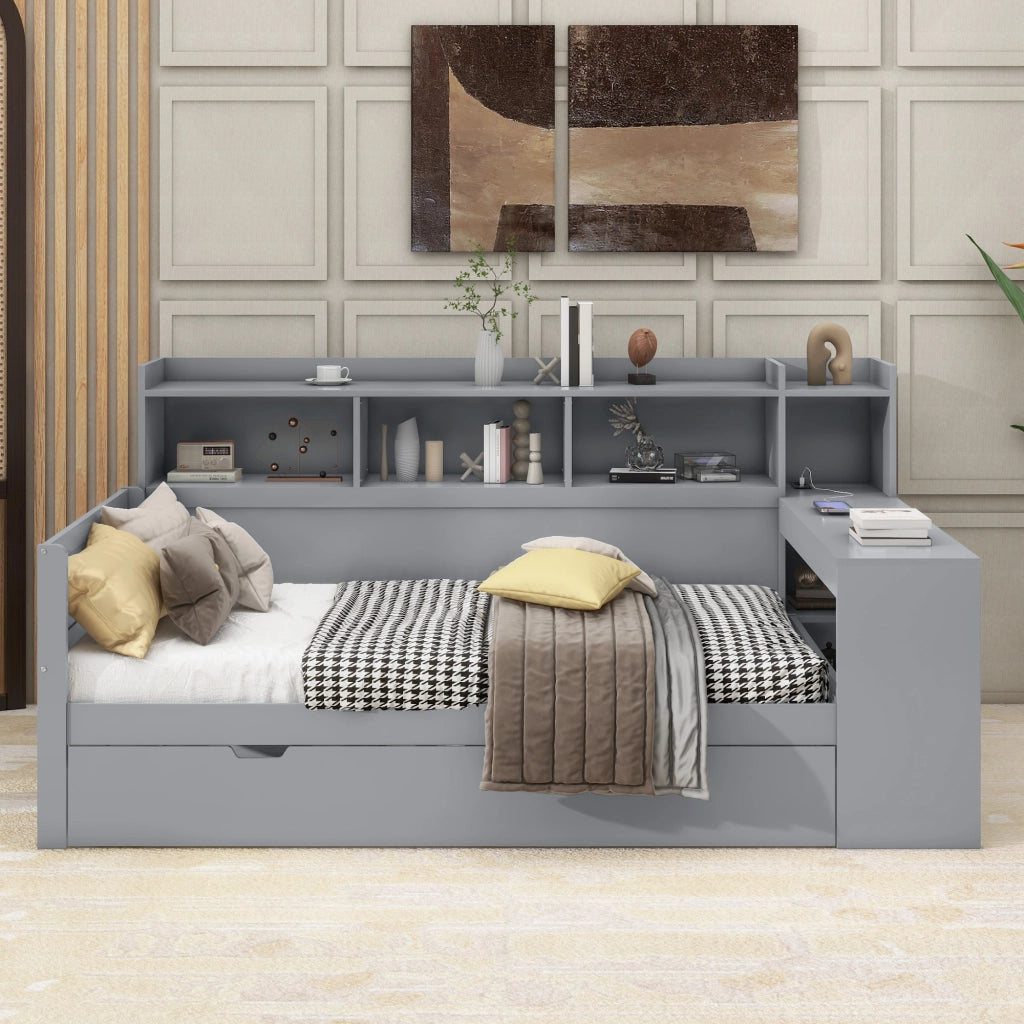 Letto singolo salvaspazio 90×200 cm con 2 cassetti; USB; prese e scrivania; senza materasso; grigio