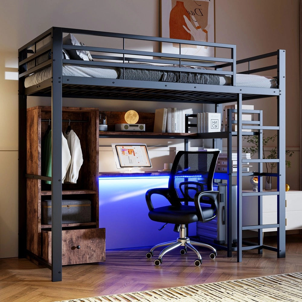 Letto a Soppalco con Scrivania e LED ¨C MINIMAL ¨C Metallo Nero 90x200, Cassetti, Rete a Doghe