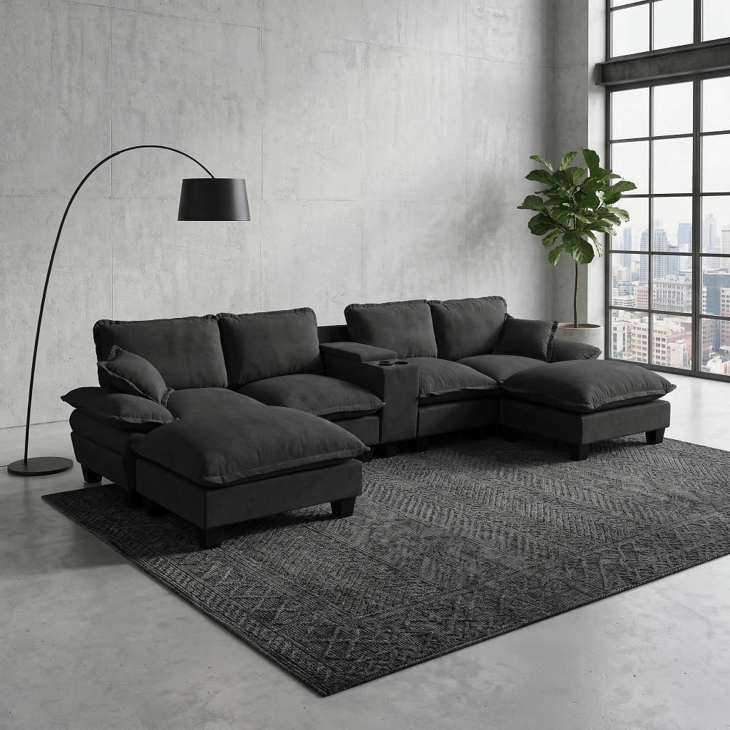 Divano Angolare Modulare U con Ottomane, Contenitore e USB ¨C Xylo ¨C Chenille Nero