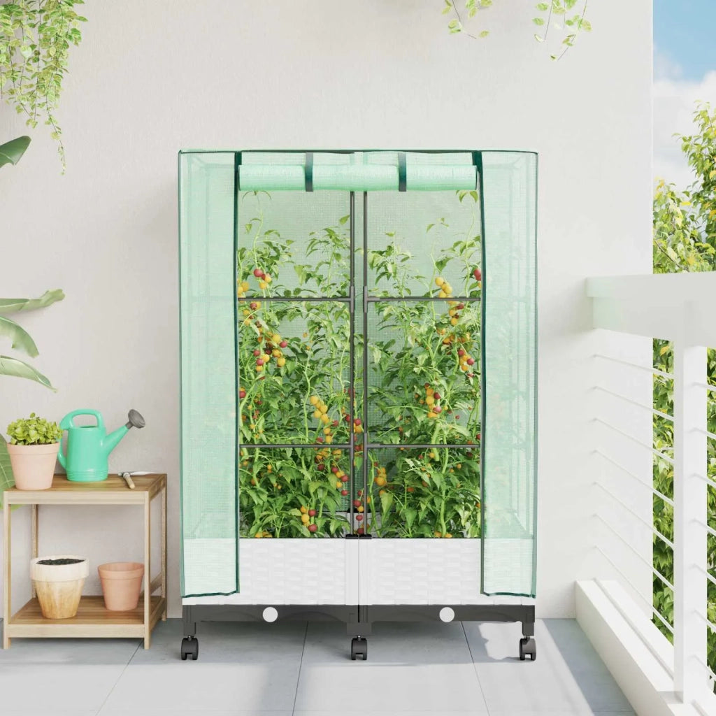Vaso da Giardino con Copertura per Serra e Ruote 2 pz Bianco PP 3422978