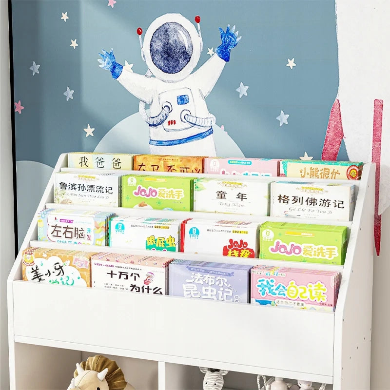 Scaffale verticale per bambini, libreria per libri e giornali, mobile per giocattoli.