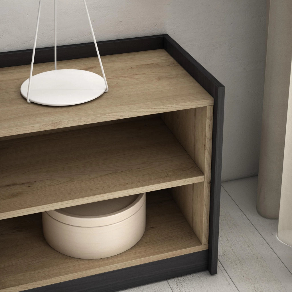 Mobile TV Soggiorno, 310x50x37 cm, Per TV fino a 80", Camino elettrico, Rovere e nero