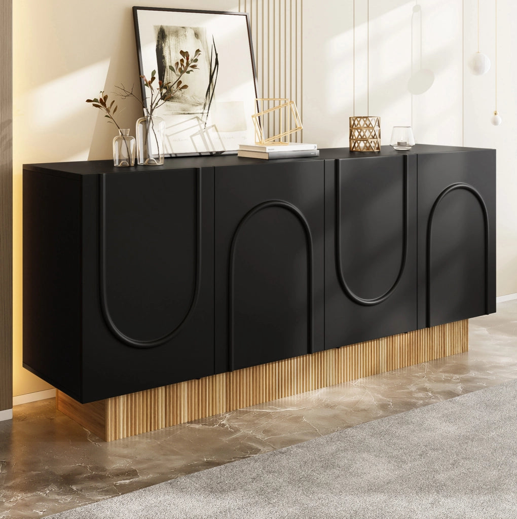Credenza 160x38x75 cm con 4 ante e ampio spazio contenitivo in truciolare nero e naturale