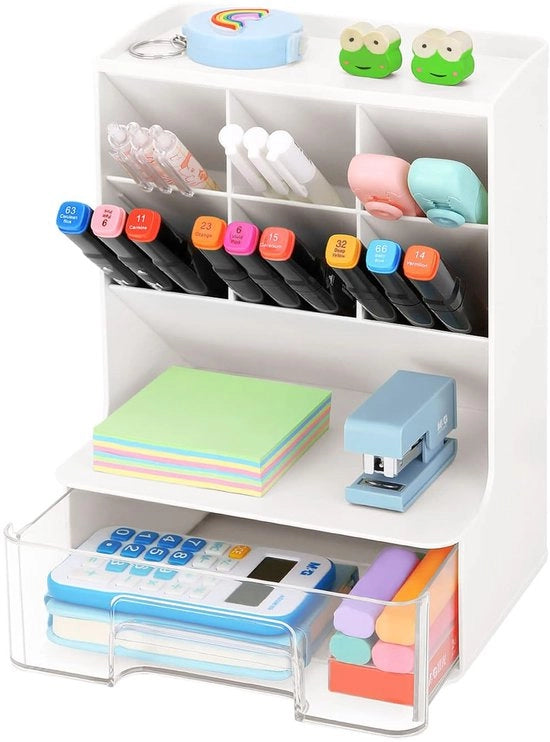 Organizzatore per scrivania con 6 compartimenti, contenitore per penne con caricabatterie e cassetti per oggetti da ufficio e cosmetici (bianco)