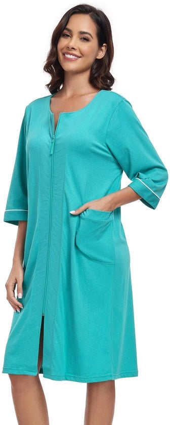 Camicia da notte per donna con cerniera, giacca leggera in cotone 100%, notturno con maniche 3/4 e tasche (azzurro cielo, XL)