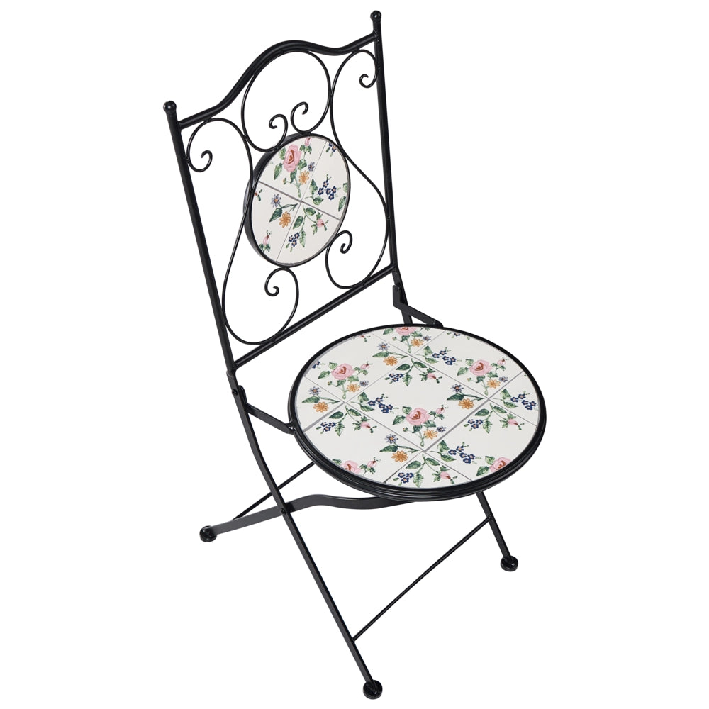 Set di 2 sedie da giardino in ferro nero con piastrelle rotonde in ceramica a mosaico stile ferro battuto pieghevoli