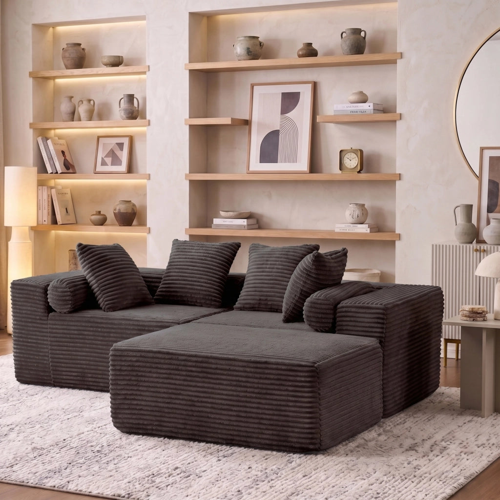 Divano modulare a L con chaise longue; 266 cm; in schiuma e molle; nero