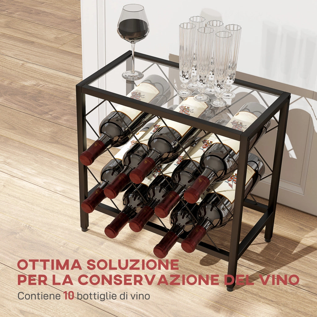 Portabottiglie Vini per 10 Bottiglie in Acciaio Nero con Piano d'Appoggio in Vetro Temperato, 41x22x41 cm