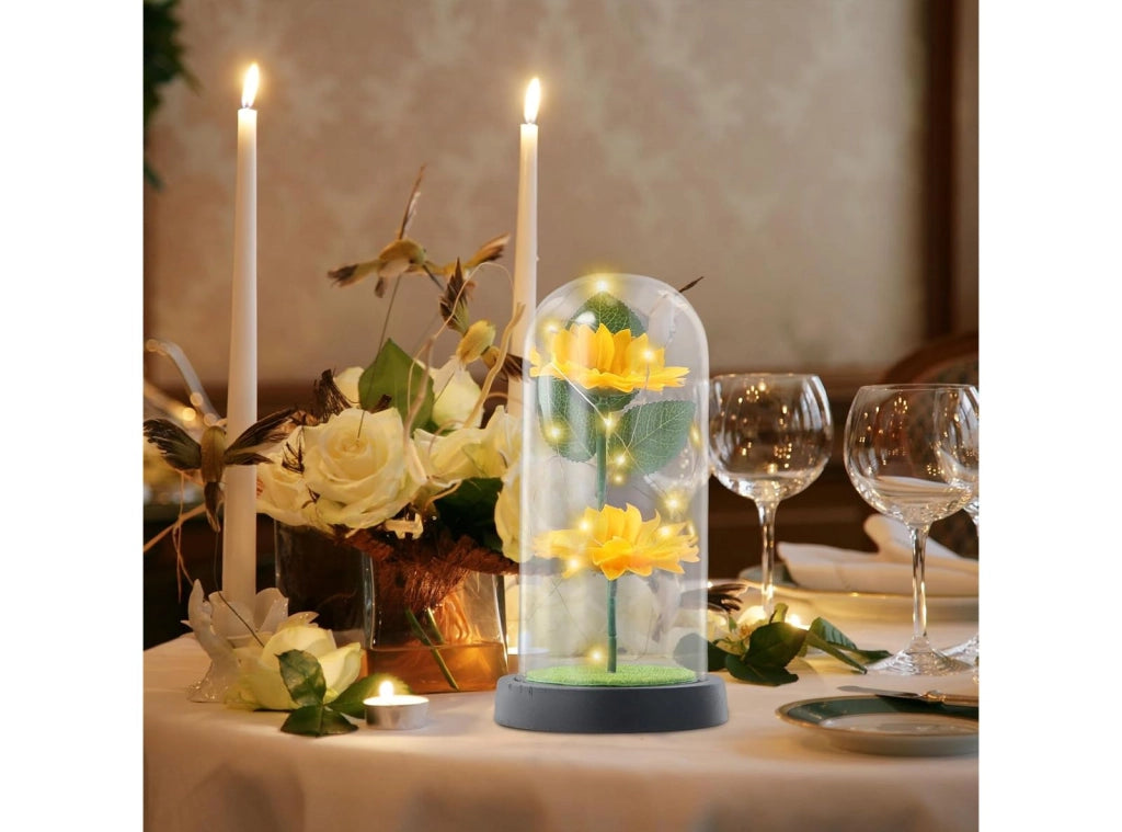 Girasole Artificiale in Cupola di Vetro con Luci LED Fiore Eterno Regalo Donna Lampada Decorativa da Interno