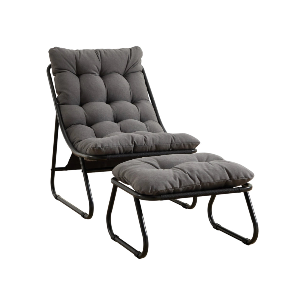 Sedia lounge da esterno con pouf, struttura in acciaio, cuscino grigio, stile moderno
